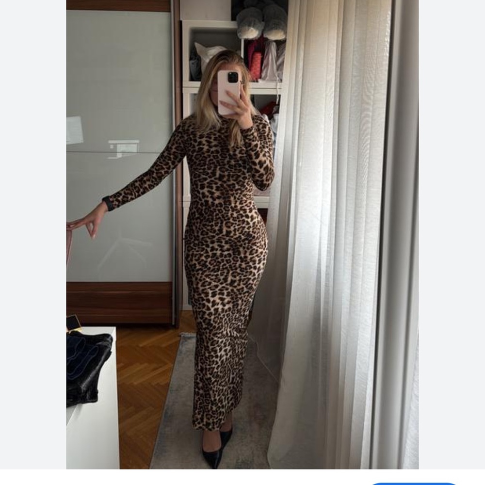 Leopard Print Long Sleeve Maxi Dress - Brown